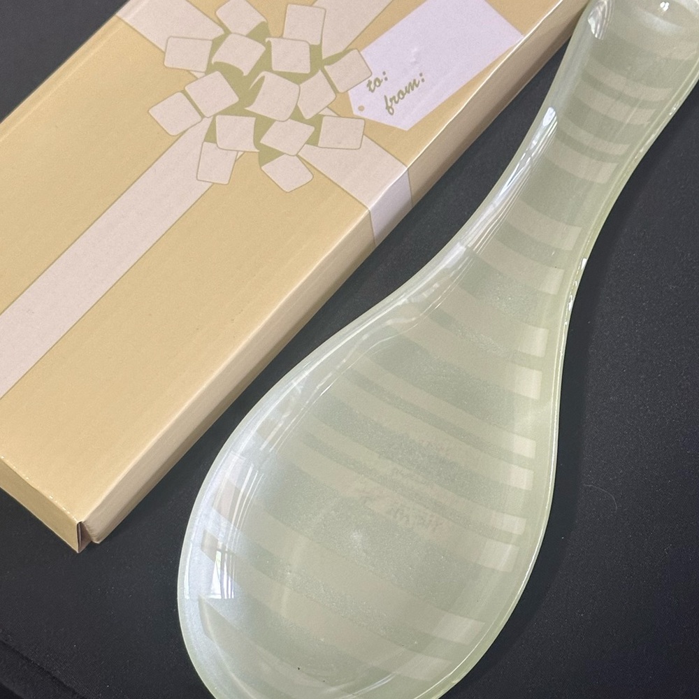 Temptations spoon, rest, striped print glass with box - Pink & Line Green
